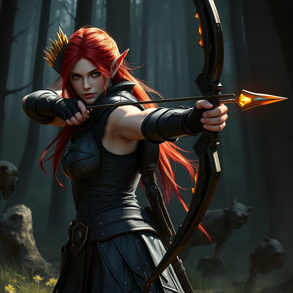 Elven Huntress in Dark Forest: Fantasy Illustration