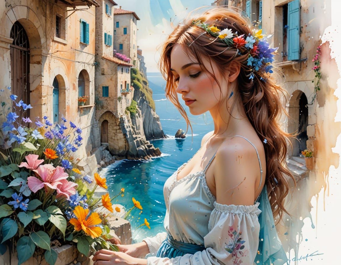 Italian Village Overlooking Sea in Spring Pastel Style