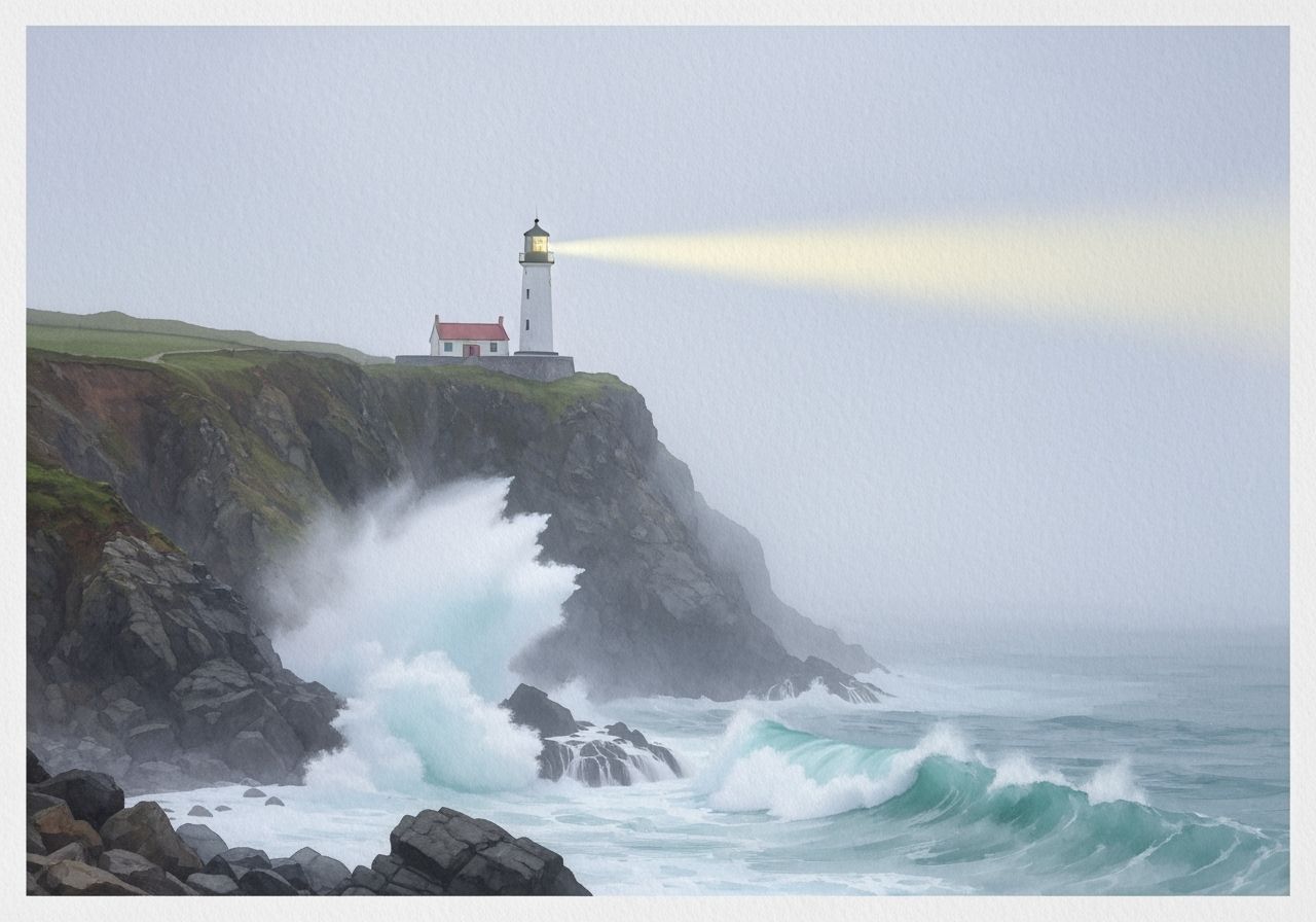 Lighthouse in Fog: Watercolor Painting