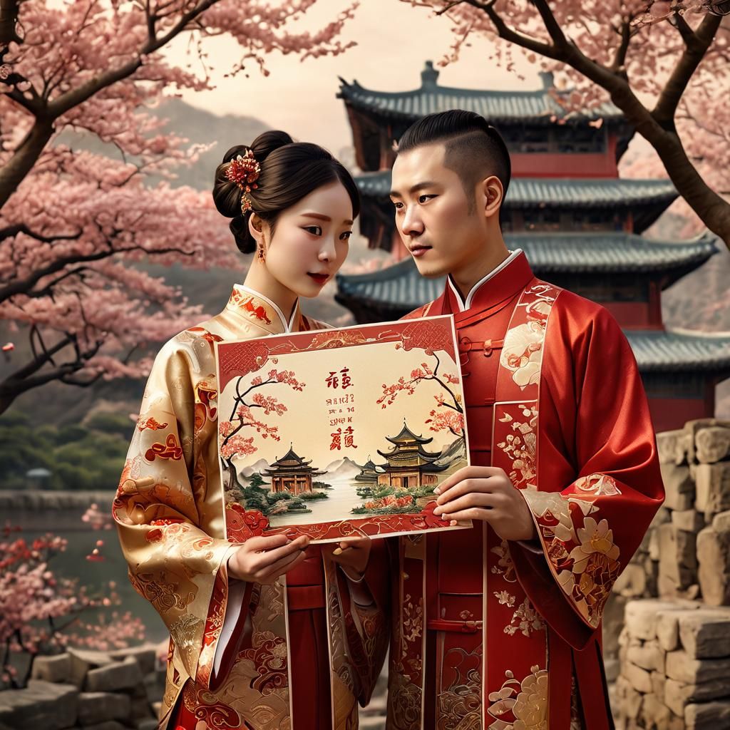 Traditional Chinese Wedding Invitation in Photorealistic Sty...