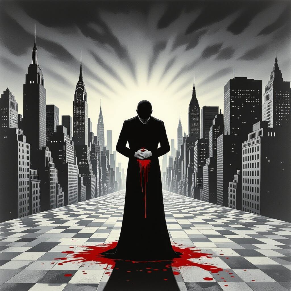 Surreal Vomiting Scene in Distorted Cityscape