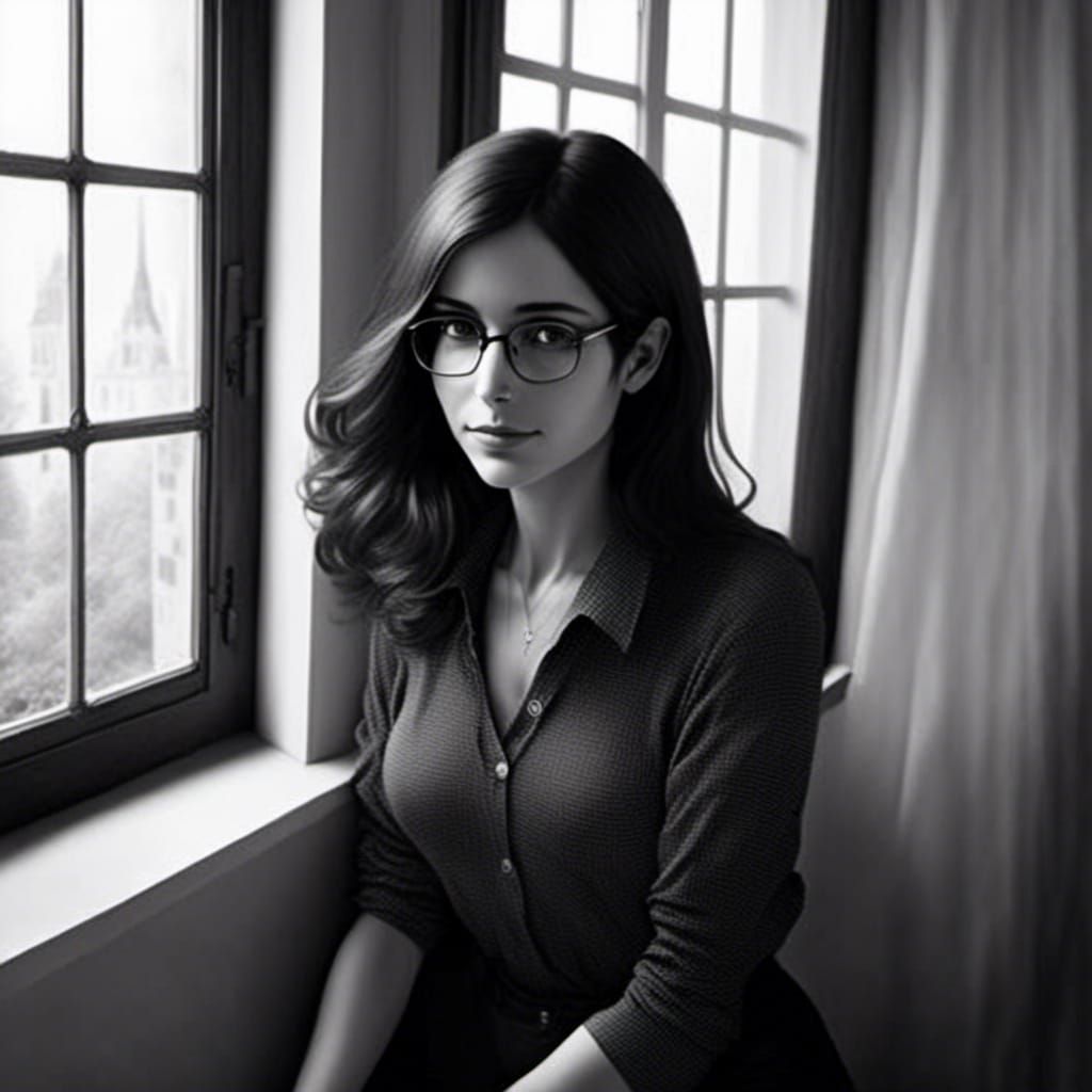 Smiling Woman at Window in Black and White