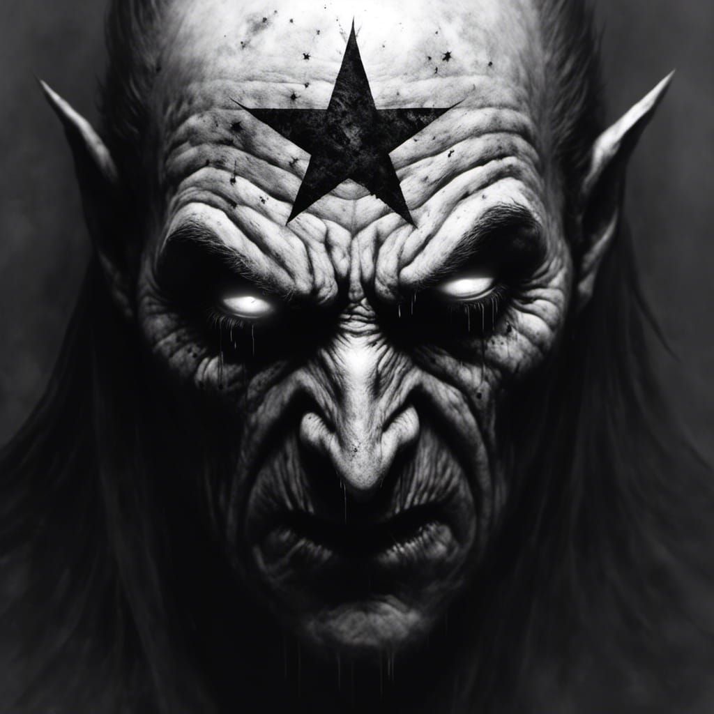 The five pointed grey star carven On the forehead of an evil...