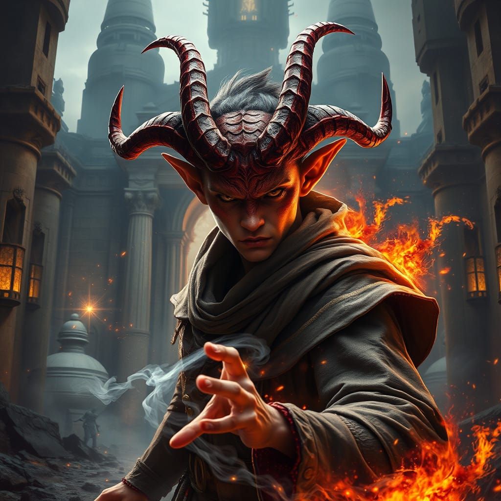 Cyberpunk-Style Tiefling Mage in Ancient Temple
