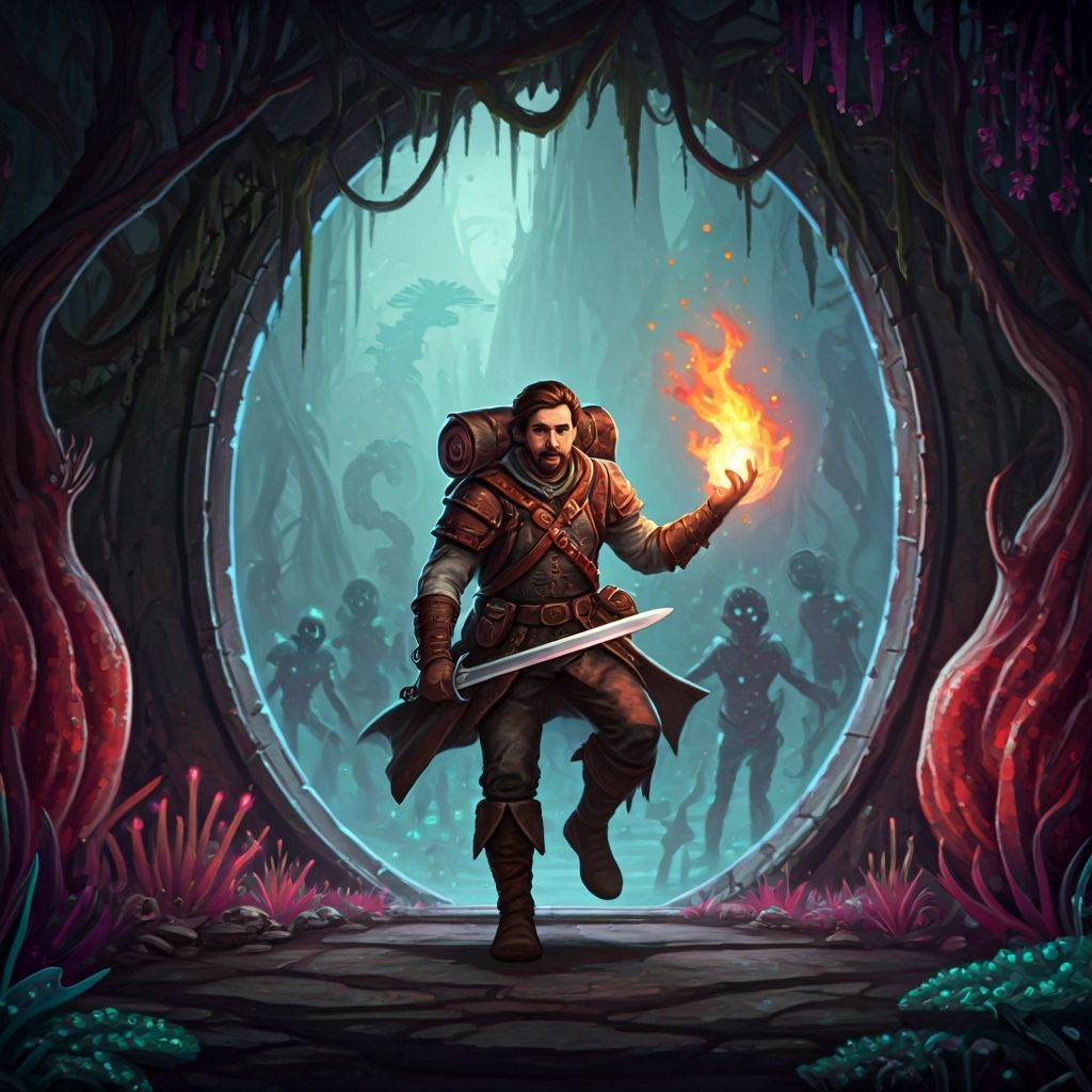 A male traveling spellsword stepping out of a portal.