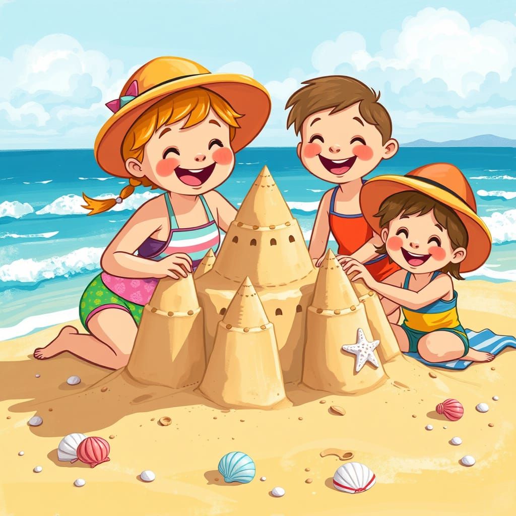 Children Build Whimsical Beach Sand Castle in Vibrant Summer...