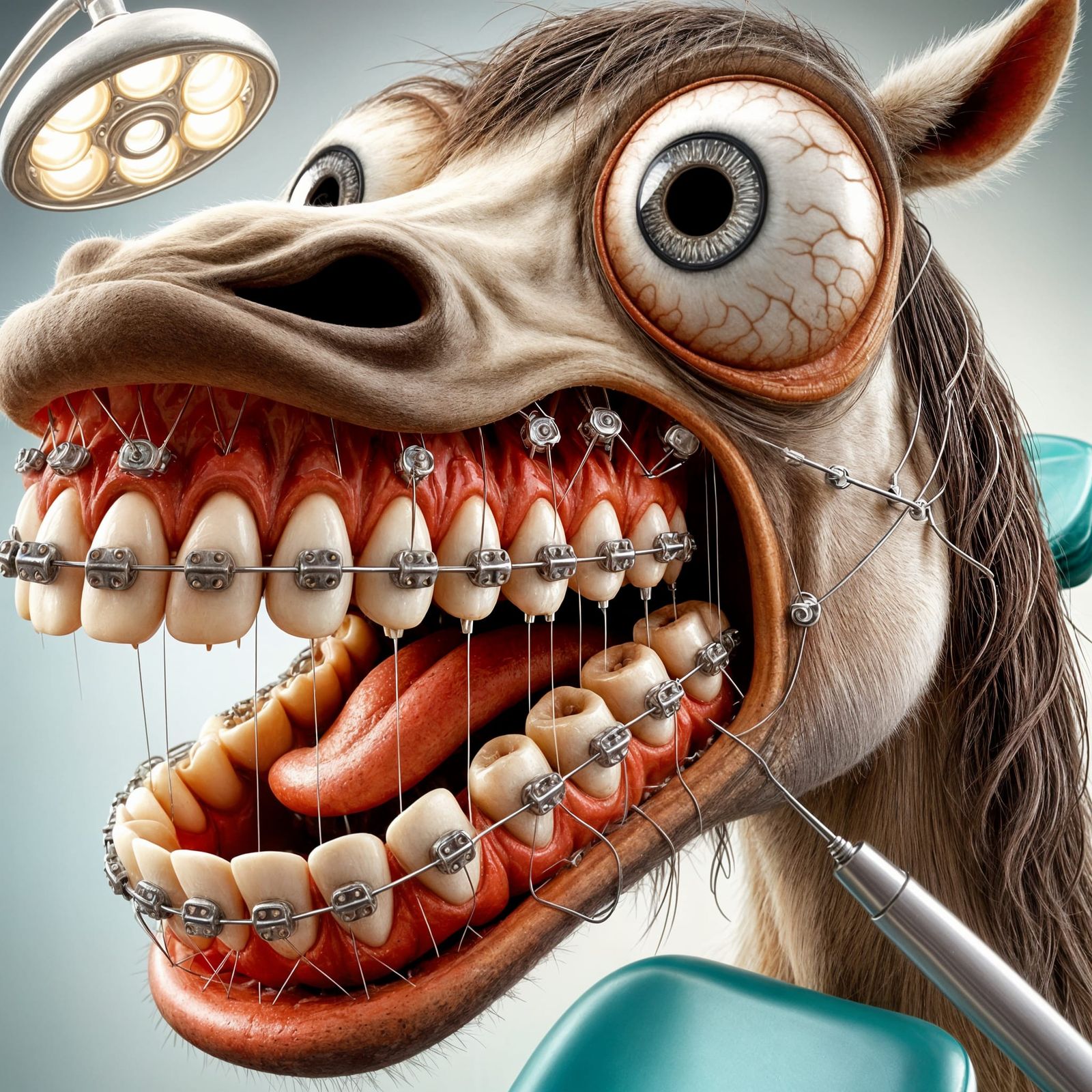 Cartoon Horse in Agony, Dental Chair 8K Portrait