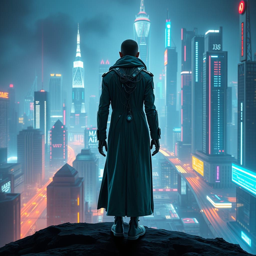 Cyberpunk Figure in Futuristic Cityscape