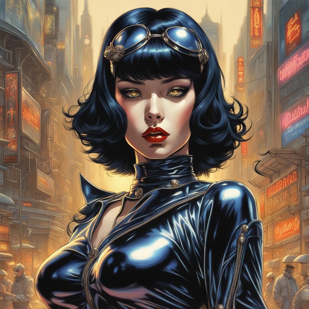 Voluptuous Goth Woman in Catwoman Outfit: Sorayama-Inspired ...