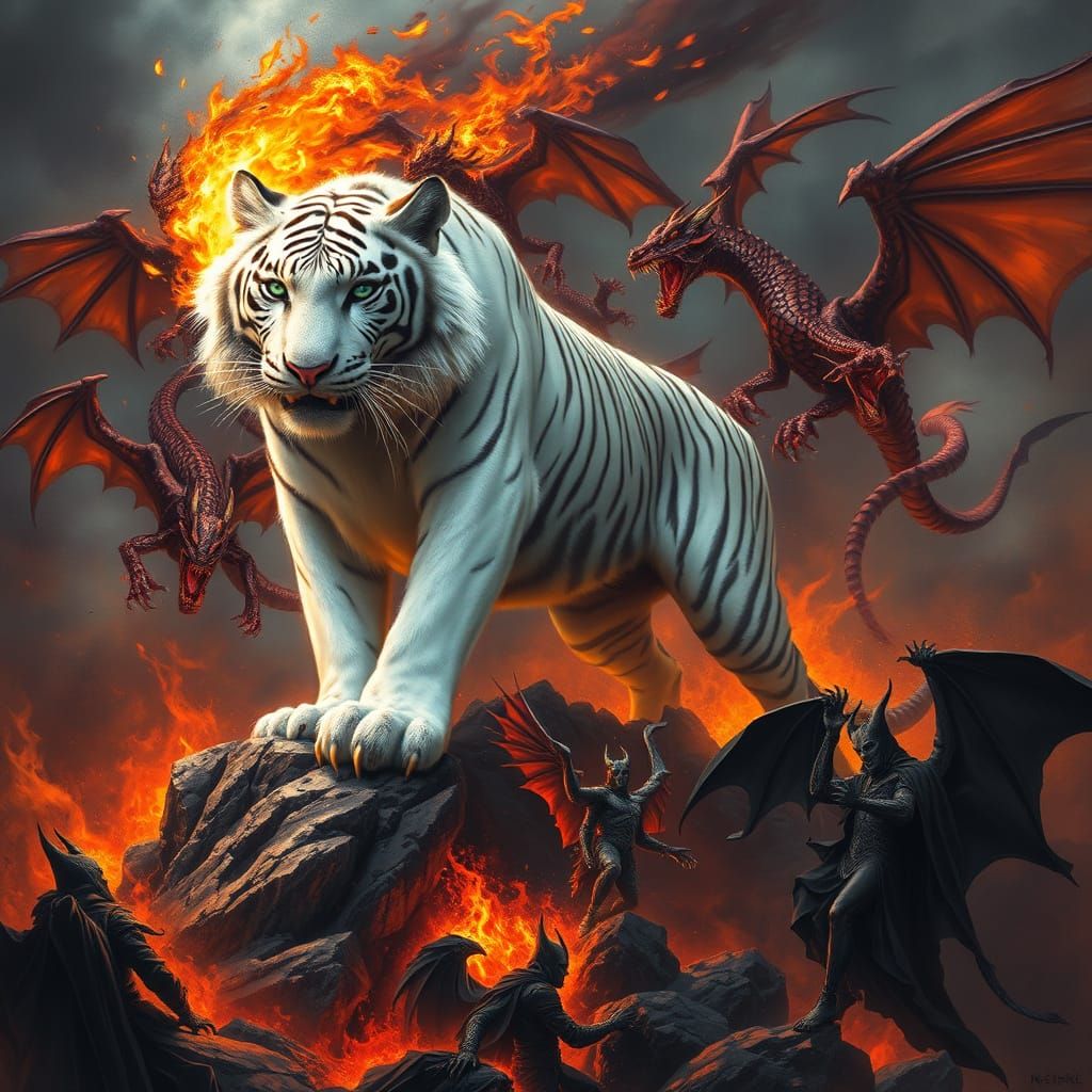 Majestic White Tiger Surveys Dark Realm in Flames, Dragons a...