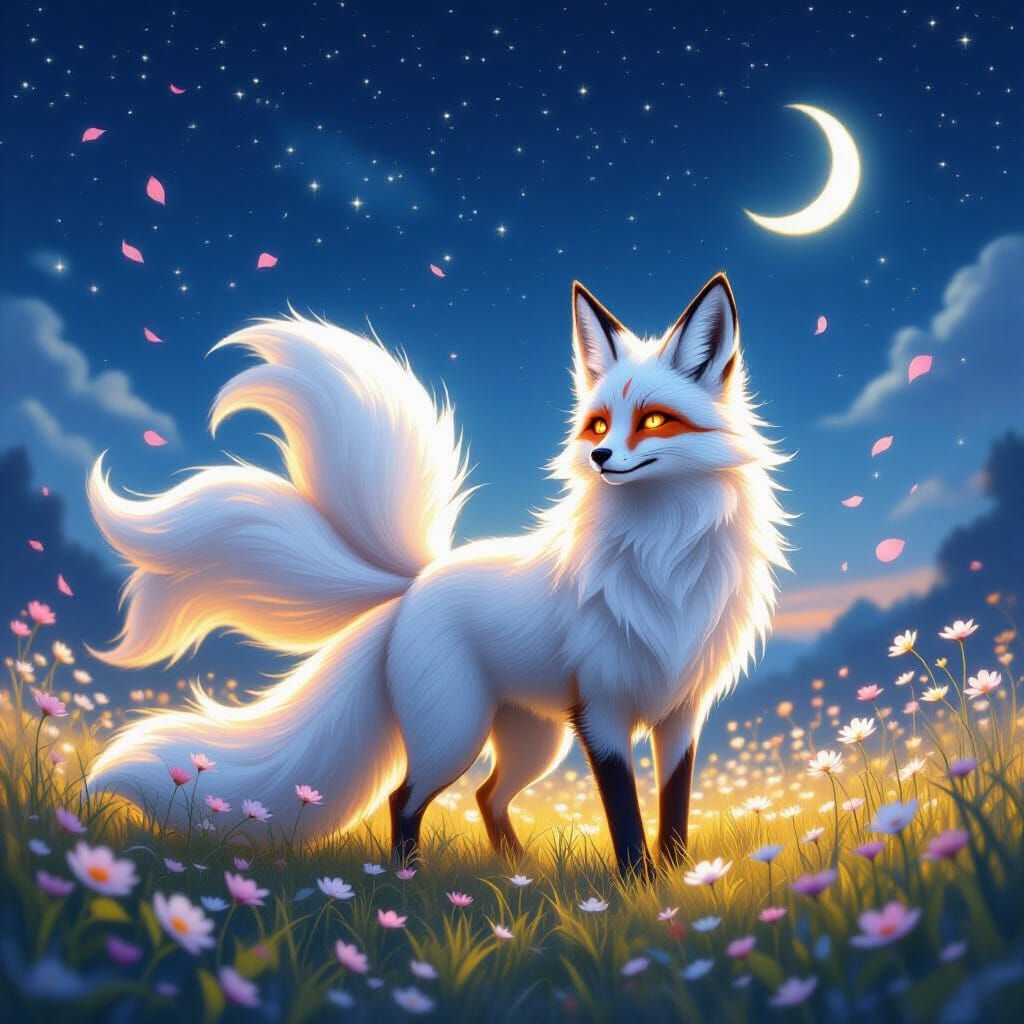 Enchanted Nine-Tailed Fox in Starlit Meadow
