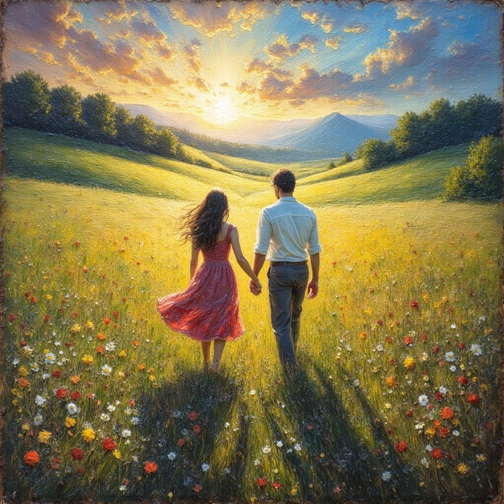 Lovers in Wildflower Field: Encaustic Oil Painting