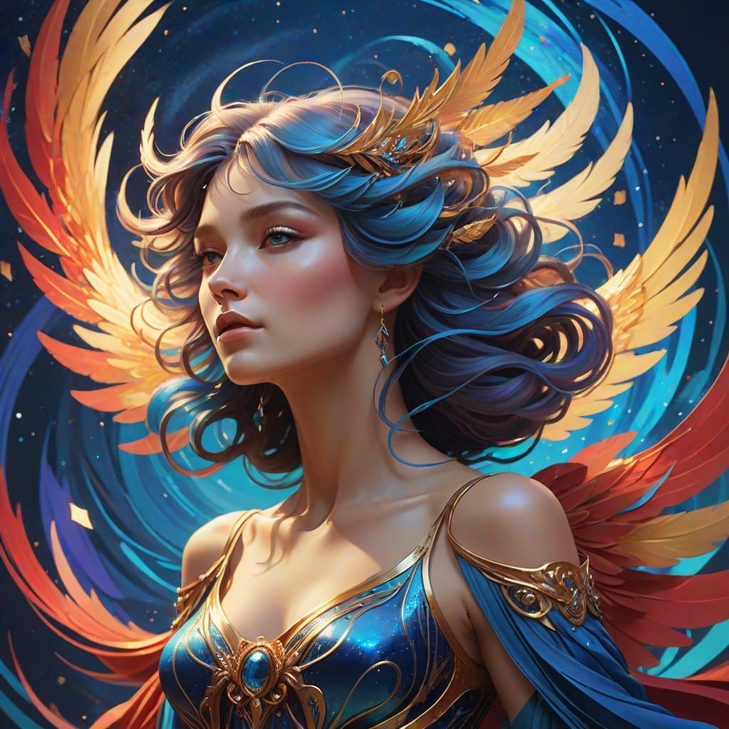 Ethereal Woman with Feathery Wings in Art Nouveau Style