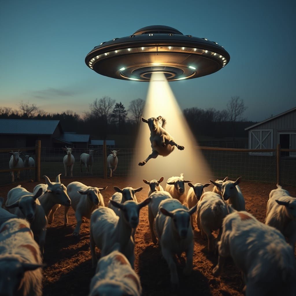 Grey Metallic UFO Abducts Goats in Dusktime Photorealistic S...