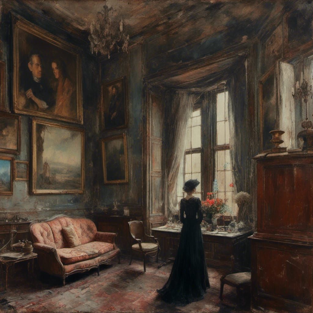 Macabre Lady in Room, Oil Painting Style