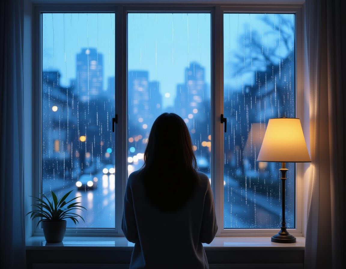 Rainy City View: Hyperrealistic Interior Scene