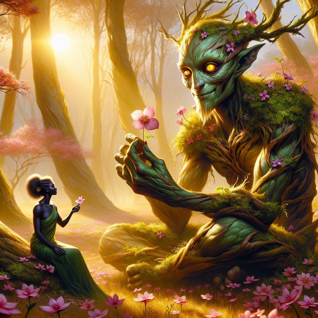 Enchanted Forest Scene with Maiden and Beast