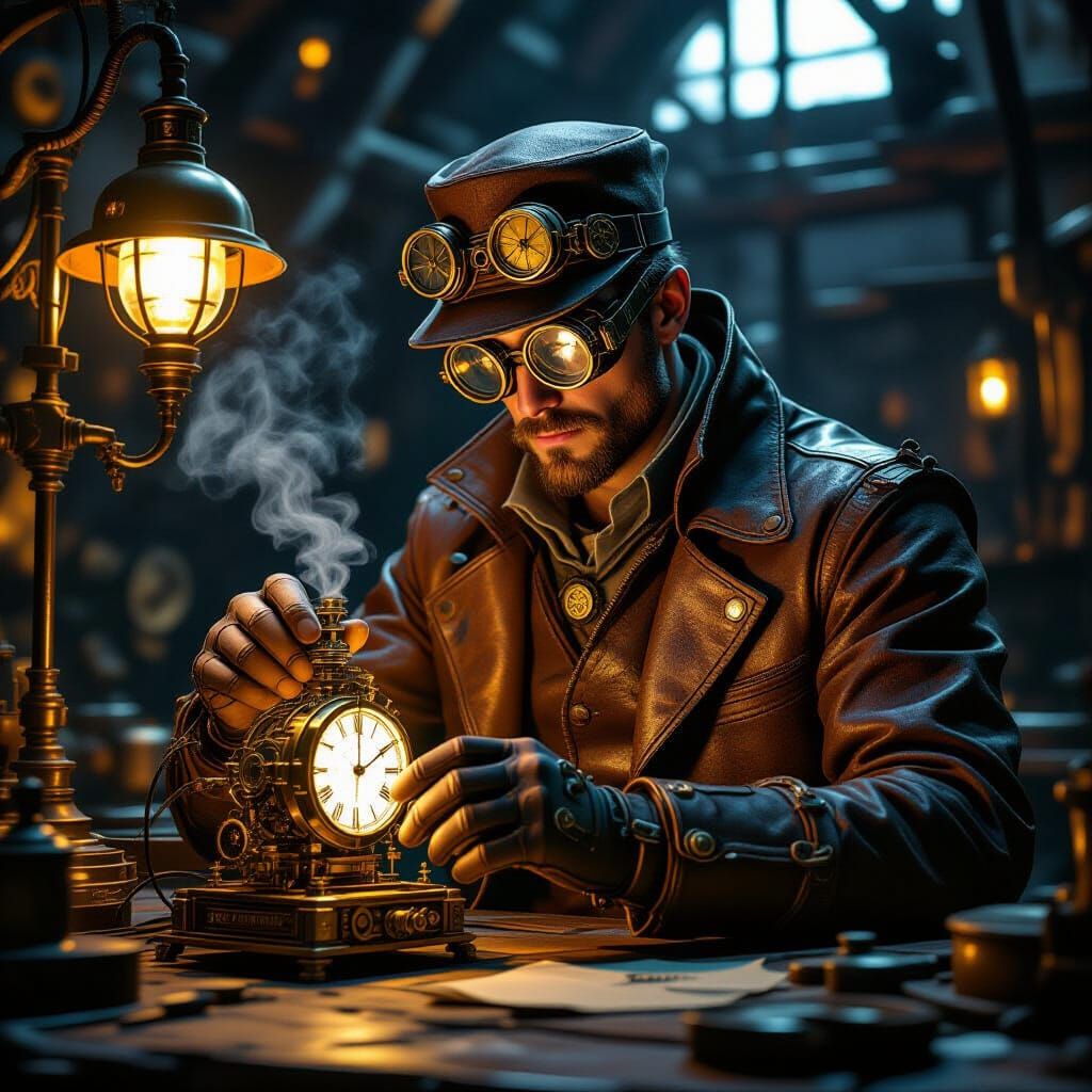 Steampunk Inventor Adjusts Clockwork Device