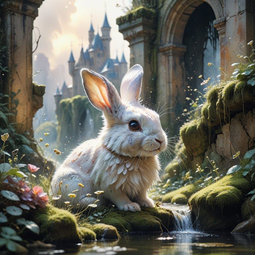Laughing Bunny on Mossy Castle Ruin in Watercolor
