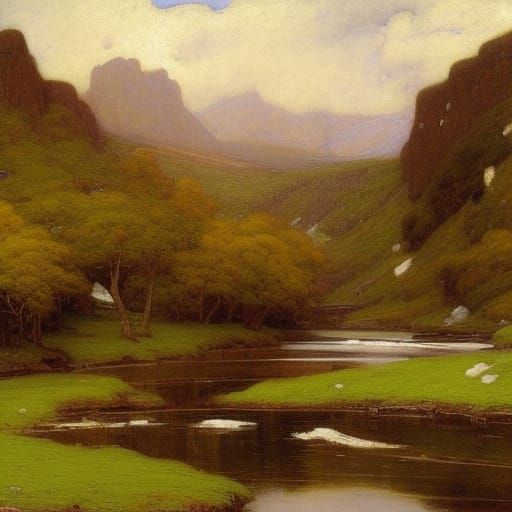 Detailed Landscape Painting in Pre-Raphaelite Style
