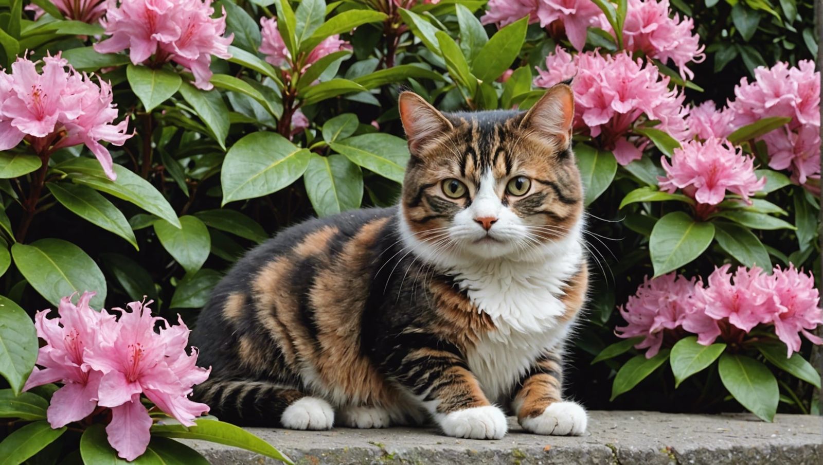 Calico Cat in Rhododendrons, Monet-style