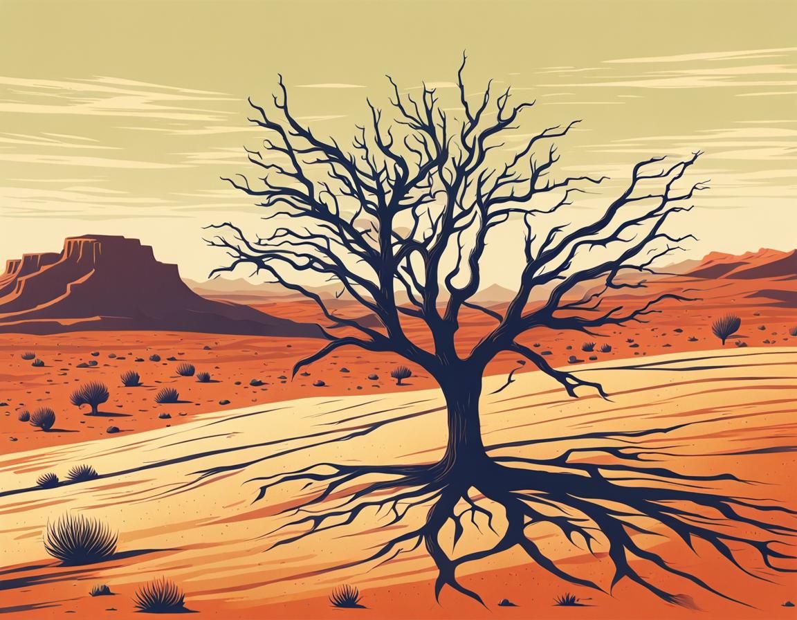 Minimalist Screen Print of a Dead Desert Tree