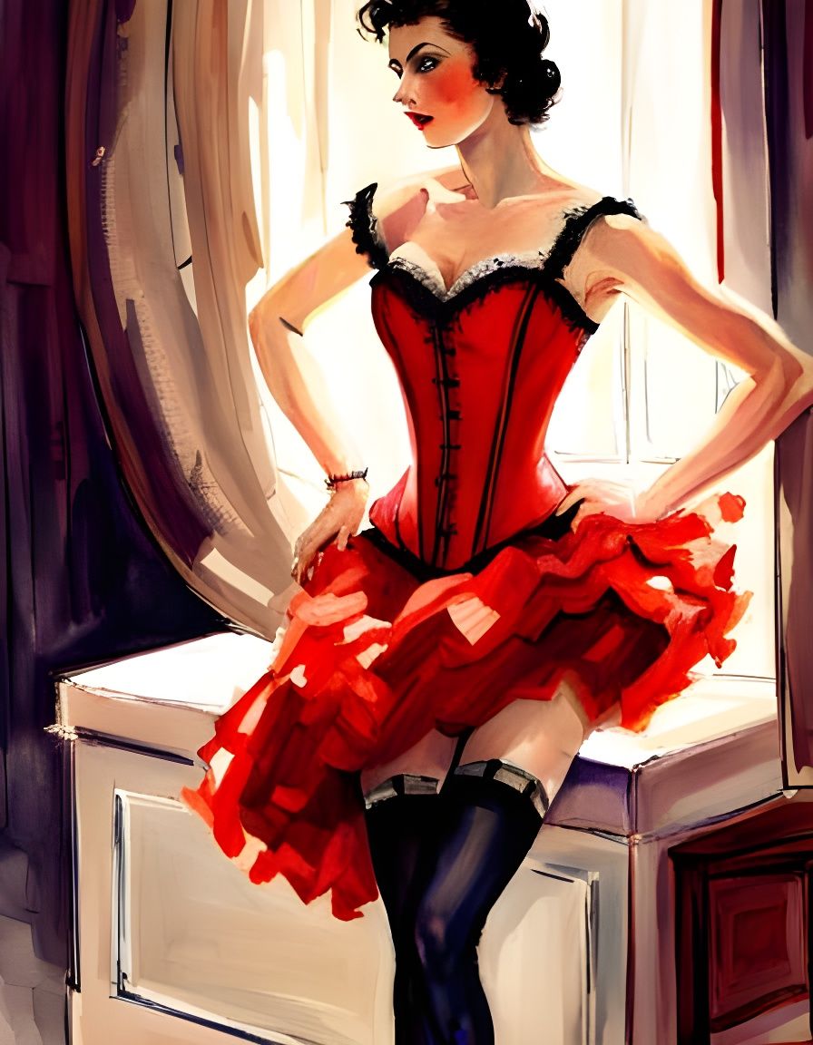 Breathtaking Can-Can Dancer in Red Corsette