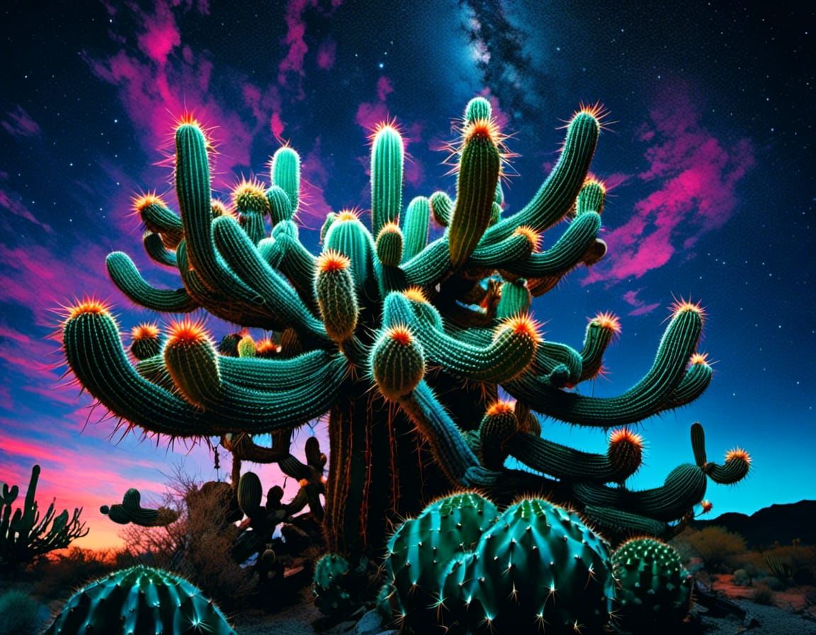 Bioluminescent Cactus Christmas Tree Under Starry Night