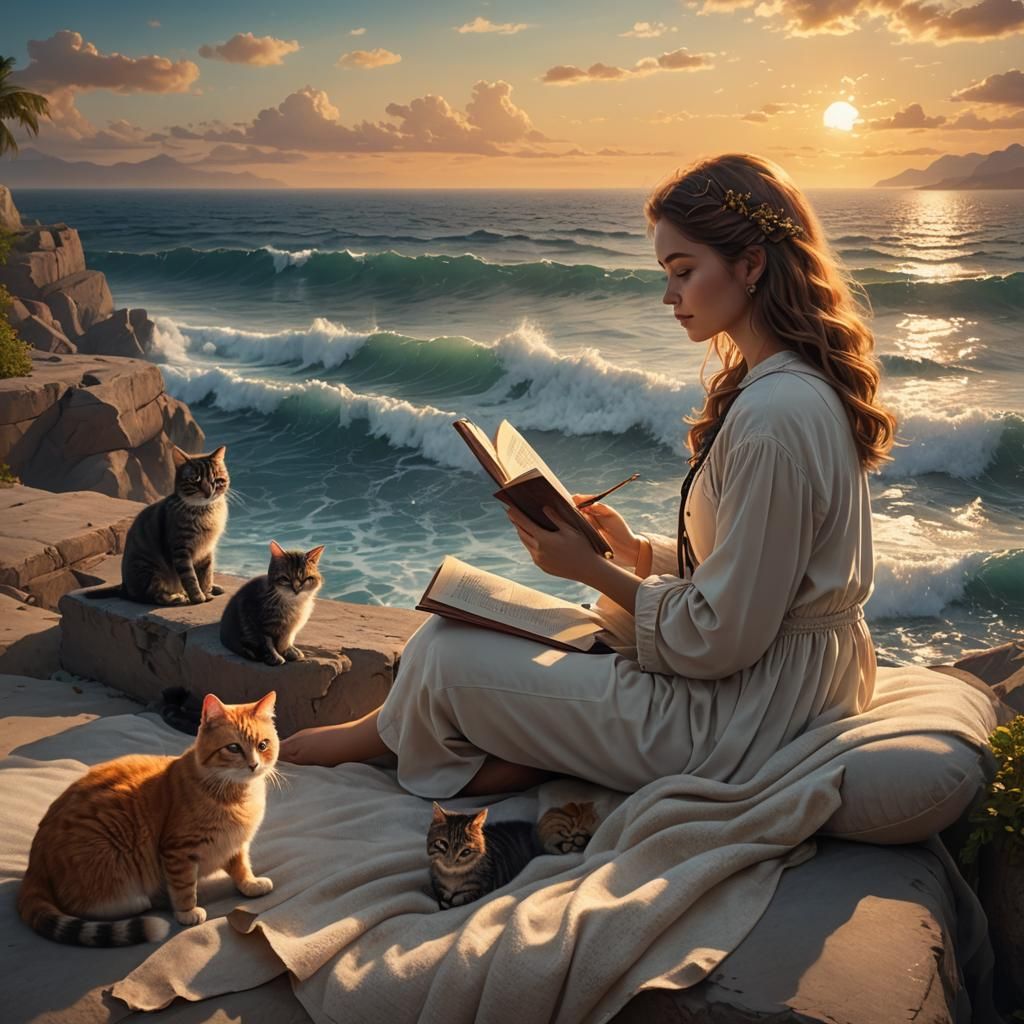 Woman, Cat, and Sunset Ocean View