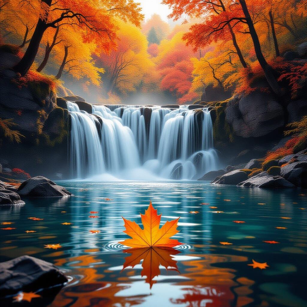Golden Leaf Floats By Autumn Waterfall In Ethereal Light