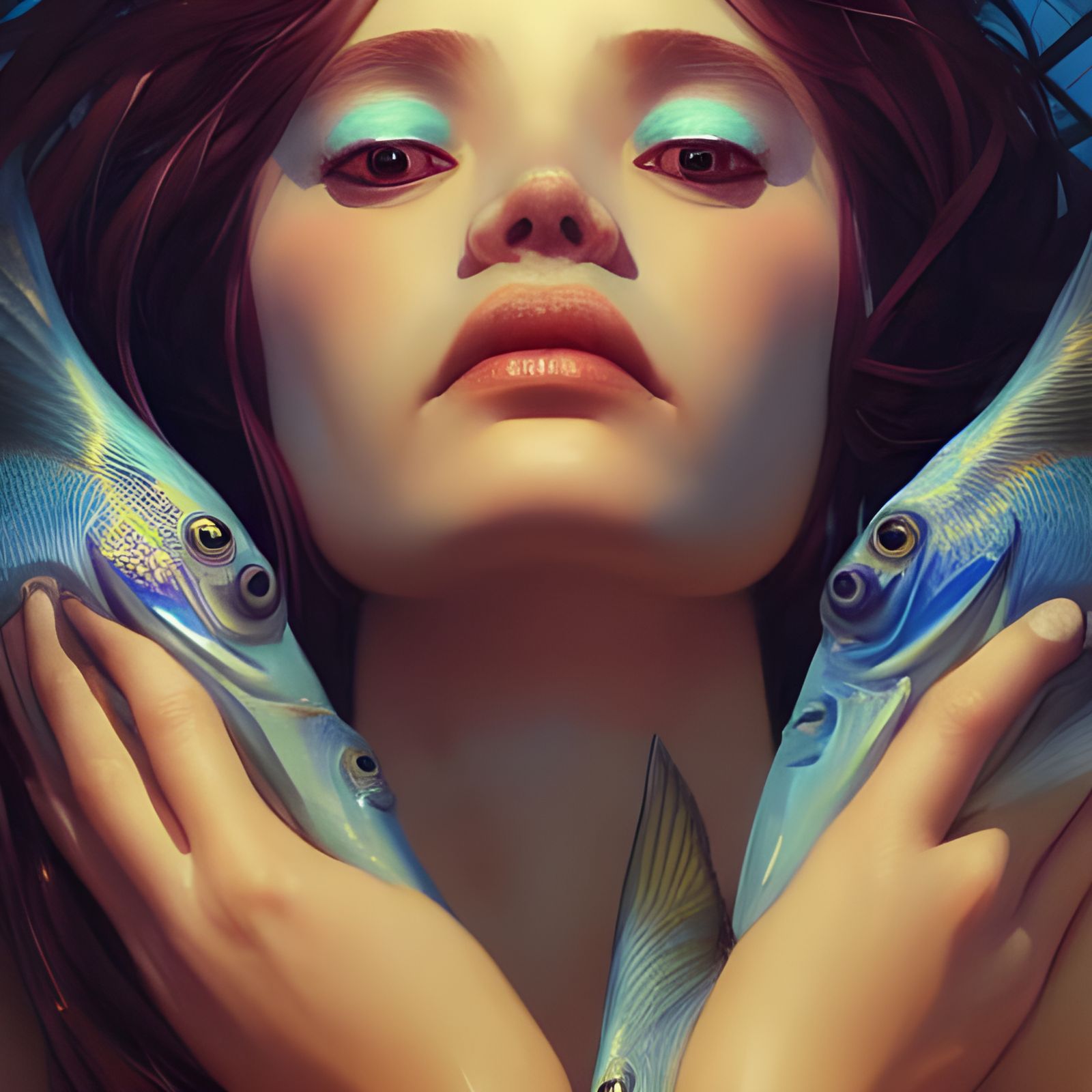 Underwater Fish Woman Portrait in Art Nouveau Style