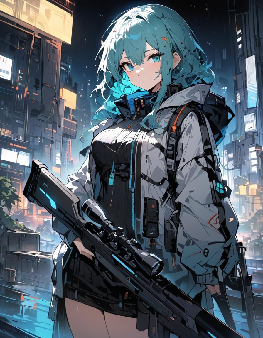 Futuristic Sniper Girl in Neon Cityscape