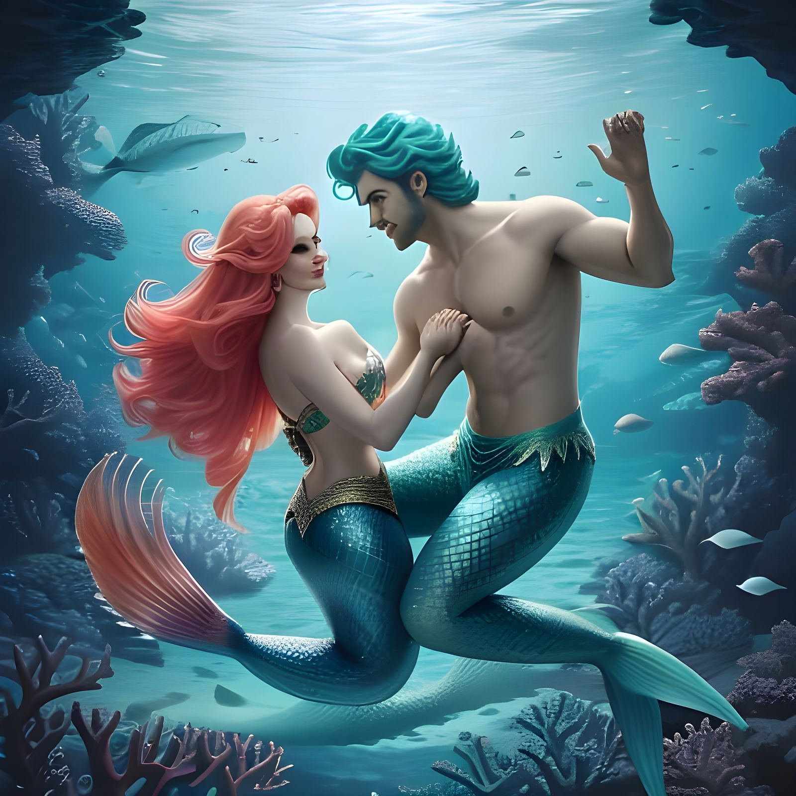 Surreal Mermaid and Merman Dance in an Underwater Grotto