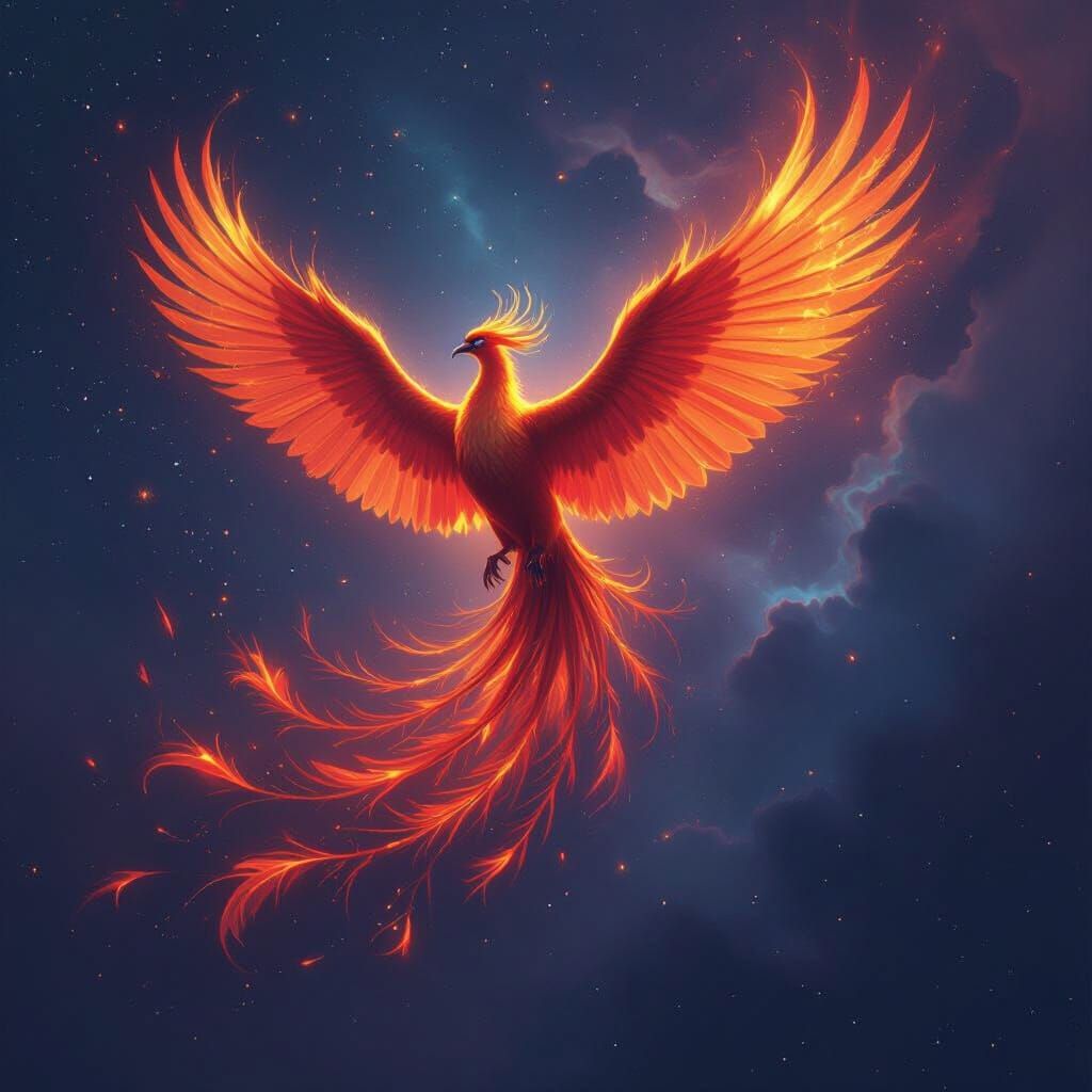 Phoenix Reborn in Cosmic Nebula, Ethereal Fire