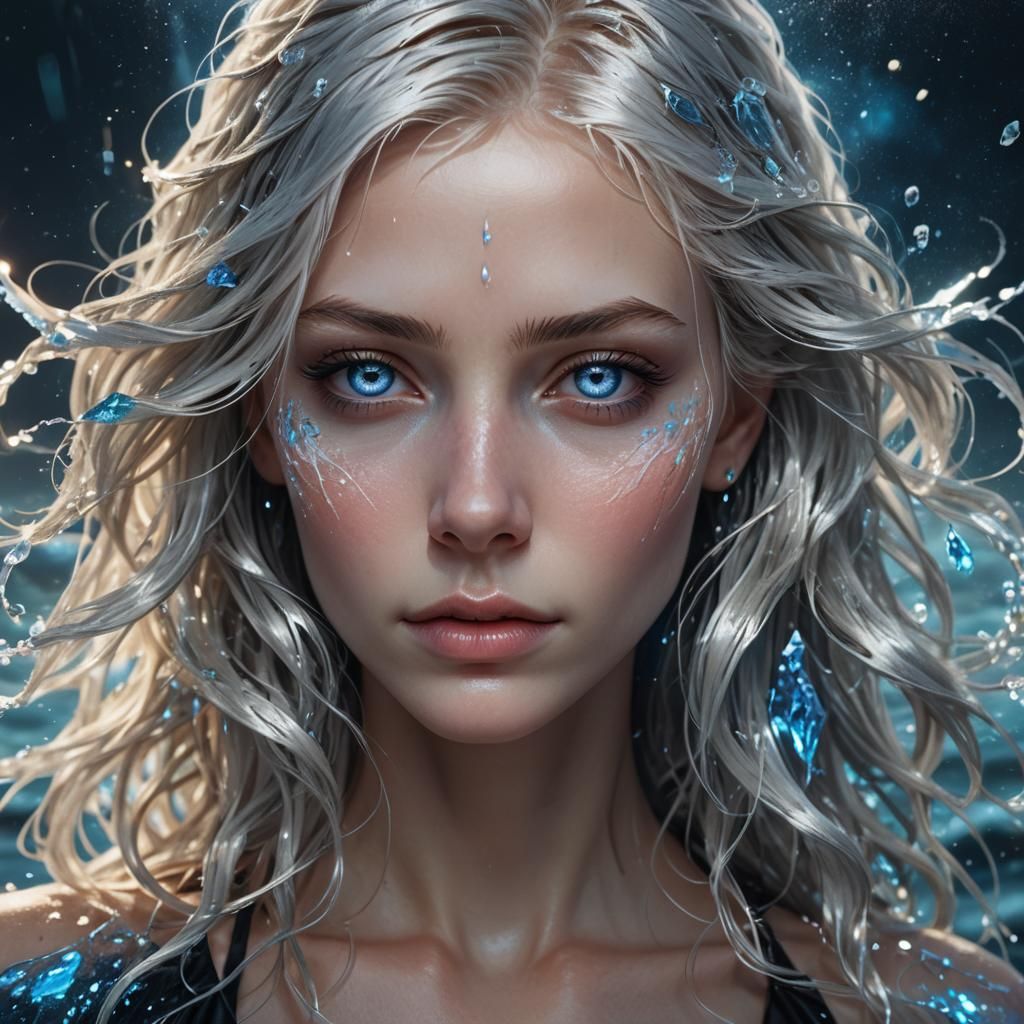 Ethereal Woman with Sapphire Eyes in Ocean