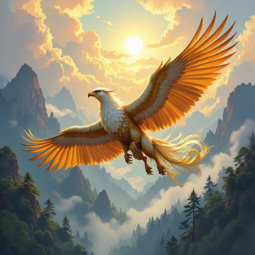 Griffin Soaring Above Ancient Forest in Fantasy Style
