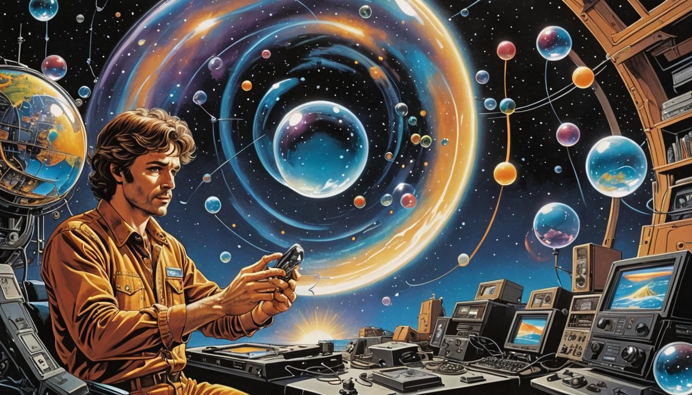 Retro Tech Magazine Cover with Crystals and Bubbles