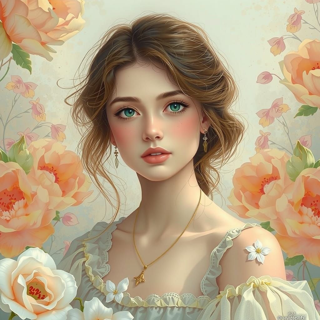 Elegant Woman in a Lush Garden Scene, in the Style of Impres...