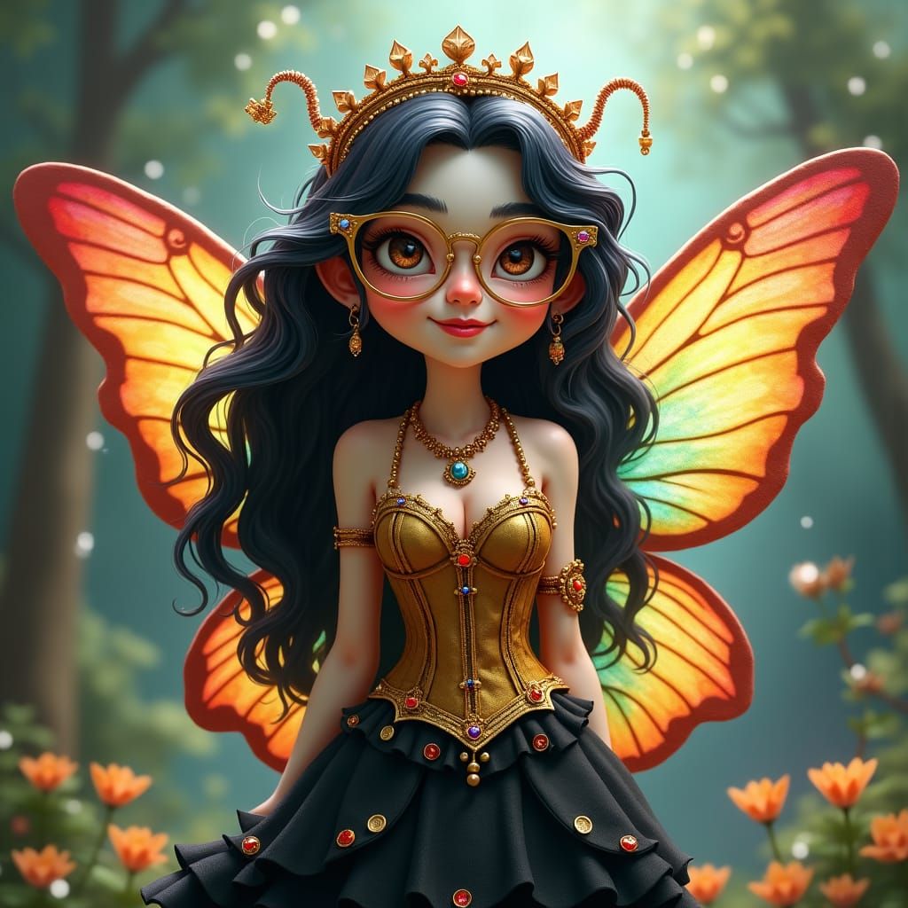 Whimsical Fairy with Black Hair and Golden Corset