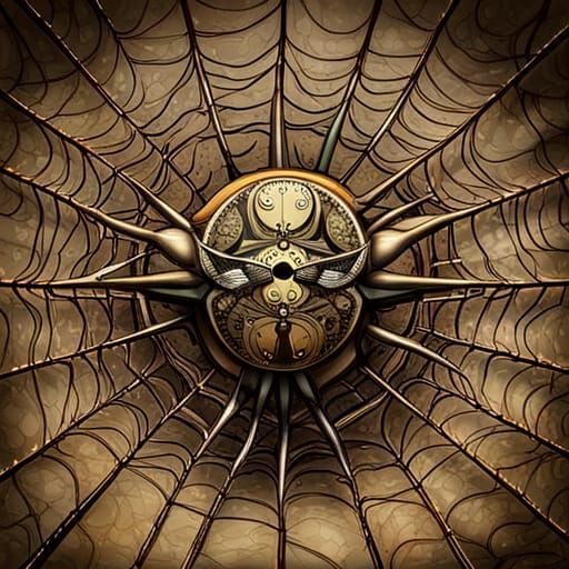 Steampunk Spider Web with Fly in Great Detail
