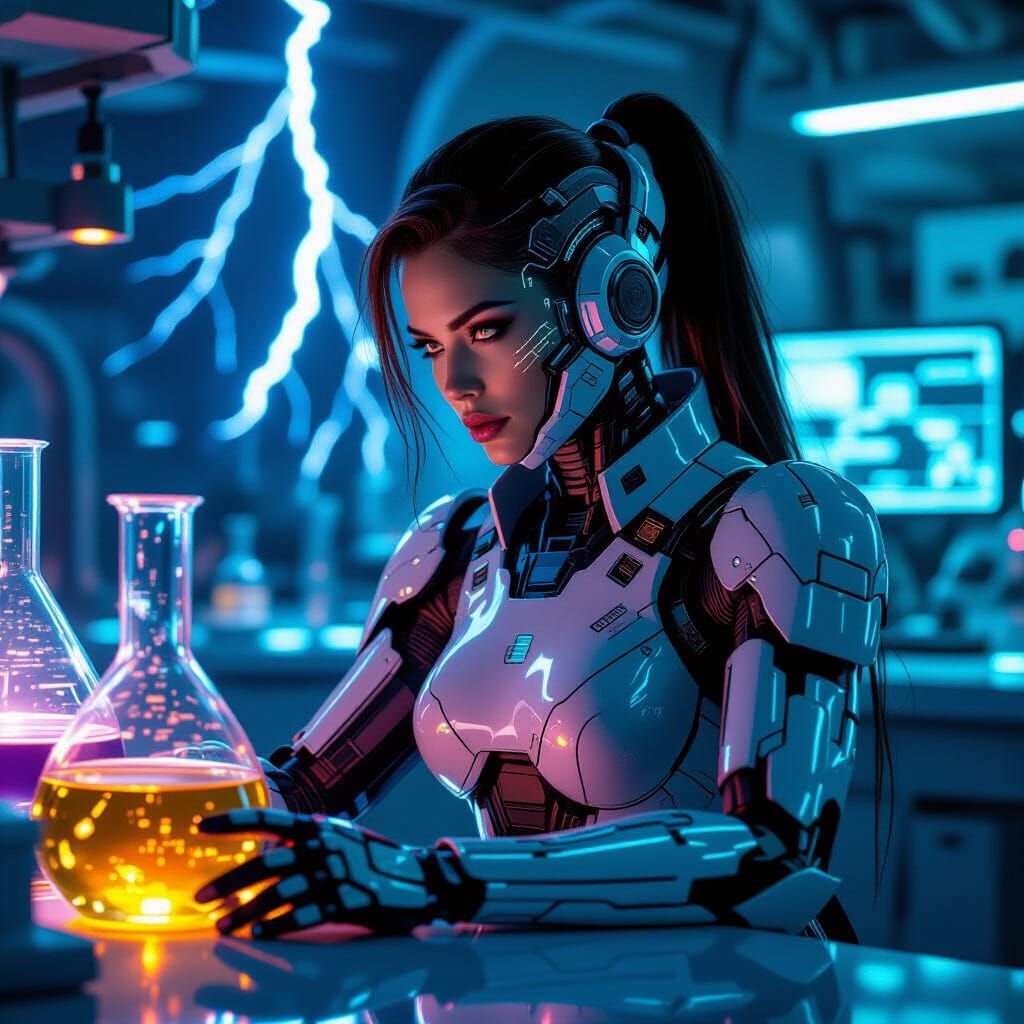 Female Cyborg in Cyberpunk Lab, Hyperrealistic Style