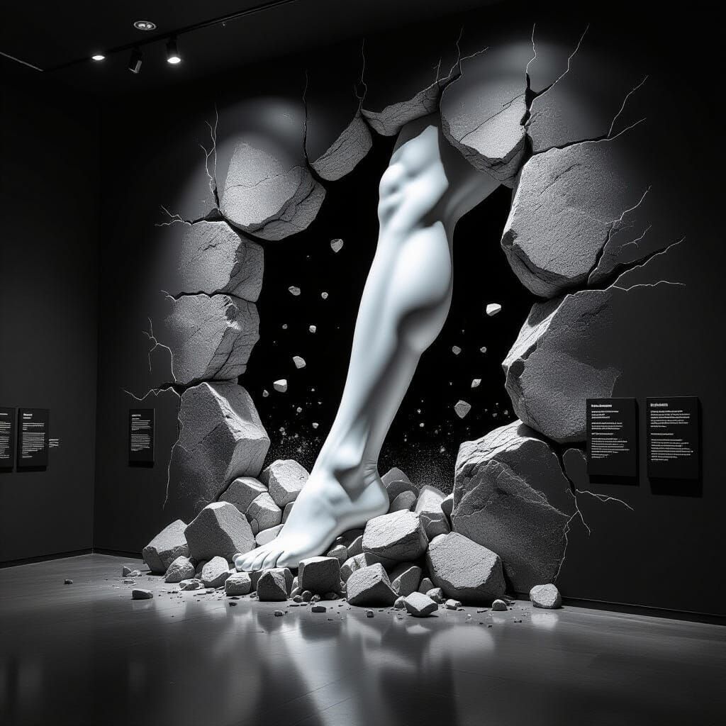 Colossal Leg Emerges from Crashing Rock Wall in Surreal Styl...