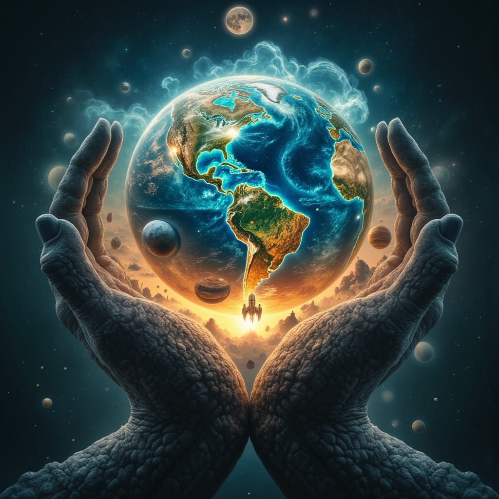Giant Hand Holds Earth with Spaceship Landing