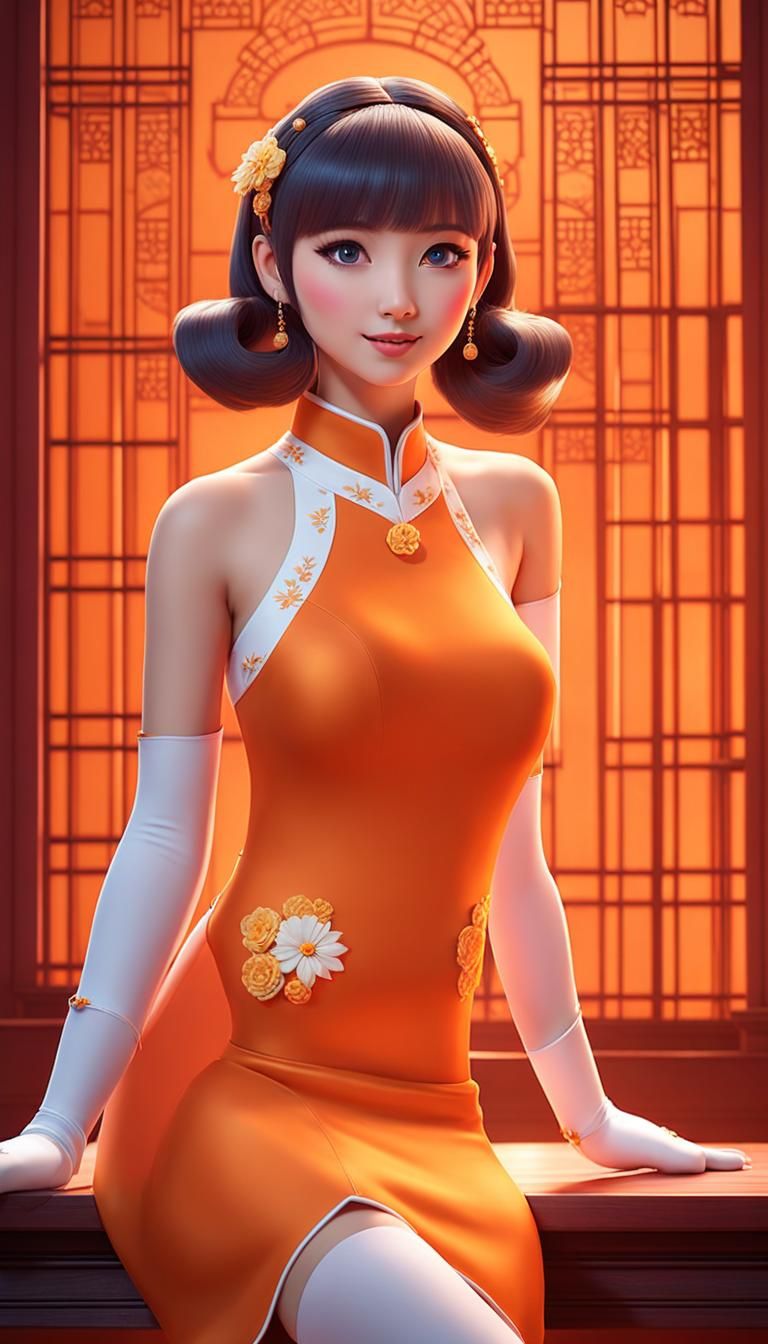 Anime Girl in Orange Cheongsam, 3D Digital Art