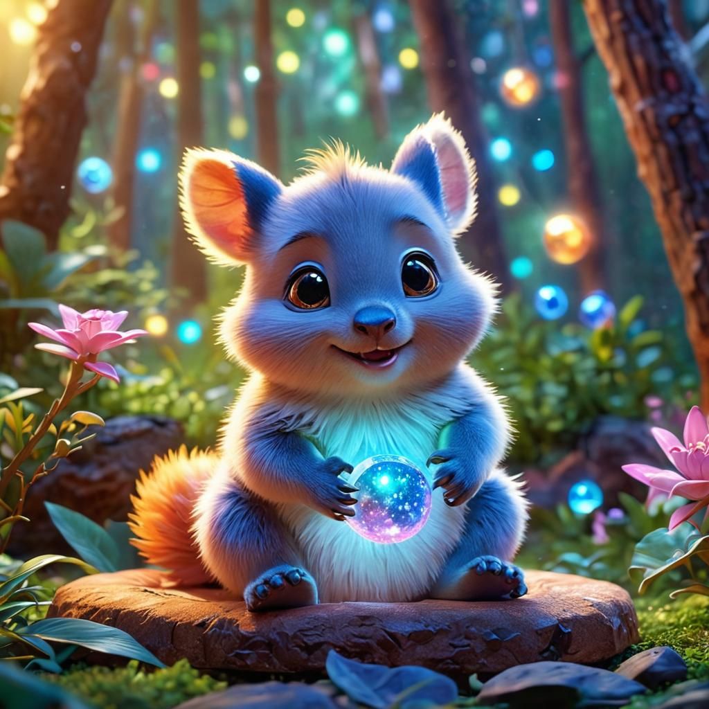 Smiling Quokka in Cosmic Forest: Pixar Concept Art