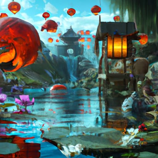 Fantastical Koi Pond with Lily Pads and Lanterns