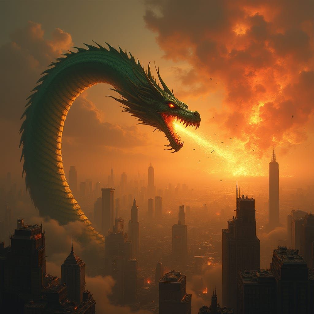 Colossal Fire Serpent Devours City in Epic Matte Painting