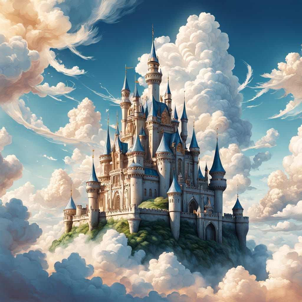 Whimsical Castle Floating Among Soft White Clouds