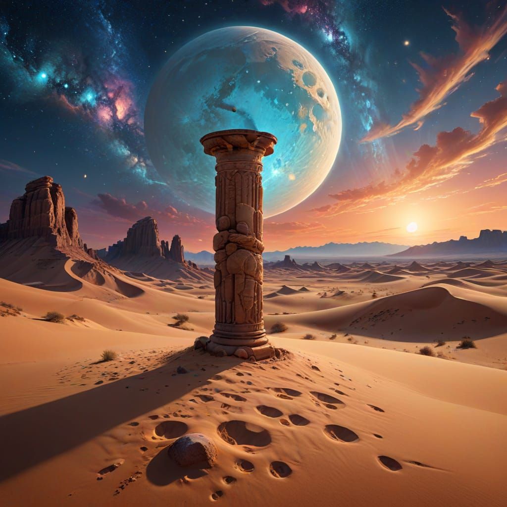 Serene Desert Twilight with Two Moons and Cosmic Sky