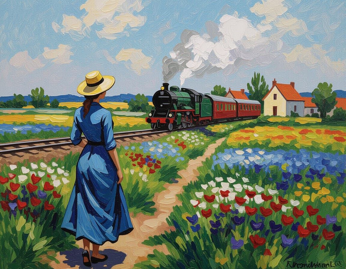 Woman in Field with Train: Encaustic Impressionism